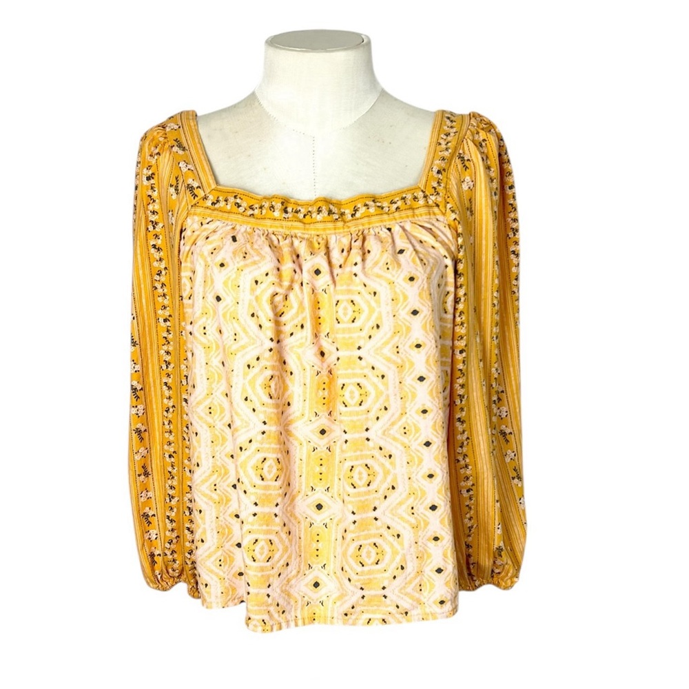 C&C California Yellow Linen Blend Top Blouse‎ Square Neck Floral Puff Sleeve S